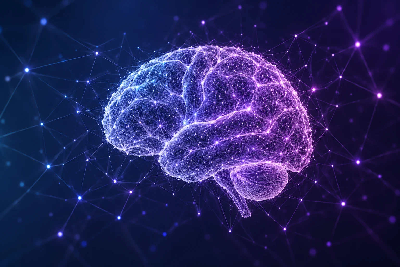 A luminous purple brain formed from connected neural threads