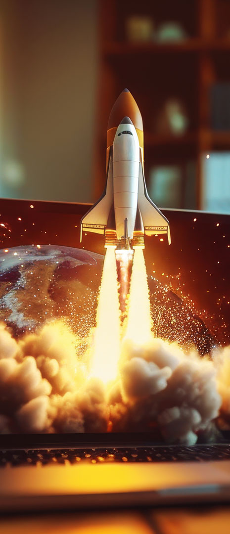 A picture featuring a rocket launching from an laptop.